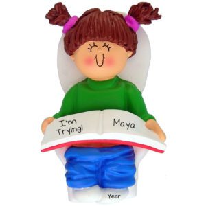 Personalized Little GIRL Learning To Potty Train Ornament BROWN Hair