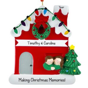 Personalized Couple In Festive RED House Ornament BRUNETTES