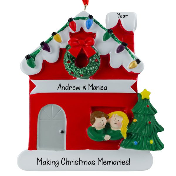 Personalized Couple In Festive RED House Ornament Male BROWN Hair Female BLONDE