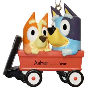 Bingo And Bluey In Red Wagon Personalized Ornament
