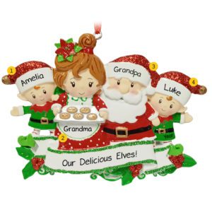 Grandparents Mr And Mrs Claus With 2 Grand-elves Ornament