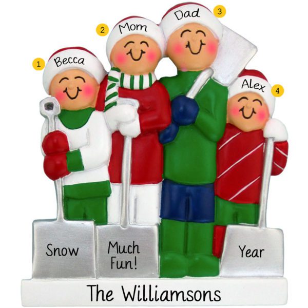 Personalized Family Of 4 Shoveling Snow Ornament