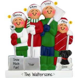 Image of Personalized Family Of 4 Shoveling Snow With Pet Ornament