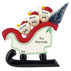 Personalized Family Of 3 In Christmasy Sleigh Ornament