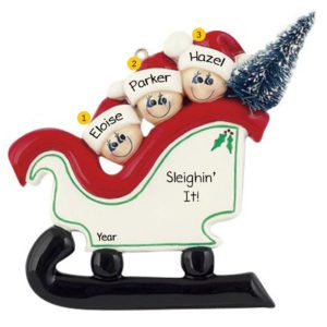 Image of Family Of 3 In Sleigh With 3-D Tree Personalized Ornament