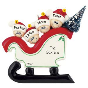 Personalized Family Of 4 In Christmasy Sleigh Ornament
