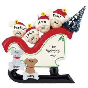 Personalized Family Of 4 With 2 Pets In Christmasy Sleigh Ornament