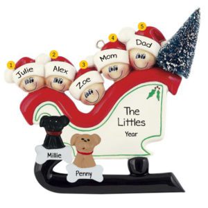 Family Of 5 With 2 Pets And 3-D Tree In Christmasy Sleigh Ornament