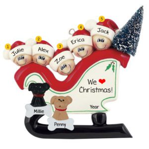 Personalized Family Of 5 With 2 Pets In Christmasy Sleigh Ornament