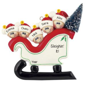 Personalized Family Of 5 In Christmasy Sleigh Ornament
