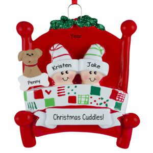 Personalized Christmas Cuddles Couple In Bed With Pet Ornament