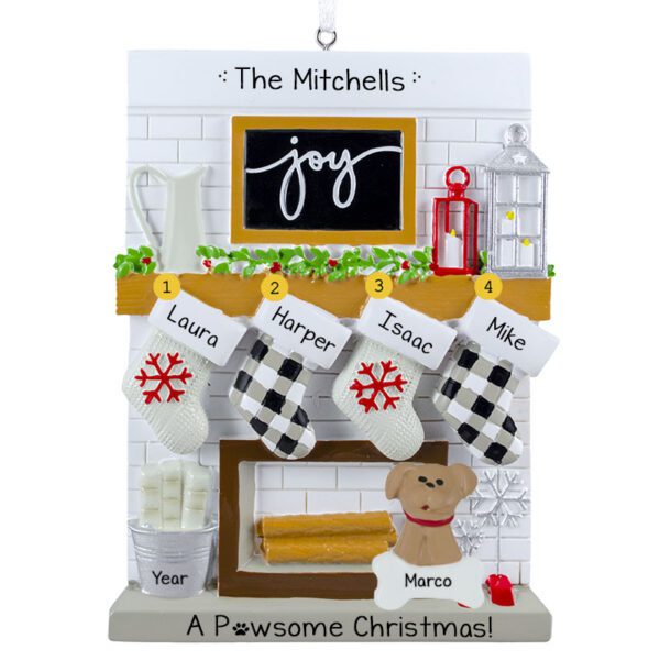 Family Of Four Festive Mantle With Stockings And Dog Personalized Ornament