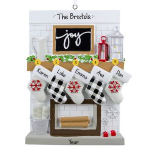 Personalized Family Of Five Festive Mantle With Stockings Ornament
