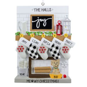 Image of Family Of Five Festive Mantle With Stockings And Cat Personalized Ornament