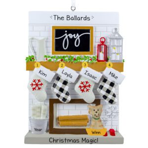 Image of Family Of Four Festive Mantle With Stockings And Cat Personalized Ornament