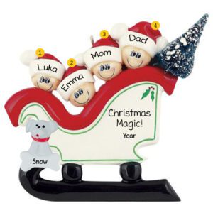 Personalized Family Of 4 With Pet In Christmasy Sleigh Ornament