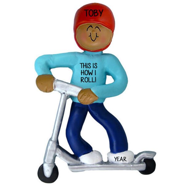 Personalized BOY Riding Silver Scooter Ornament African American