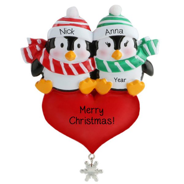 Personalized Penguin Couple On Heart With Dangling Snowflake Ornament