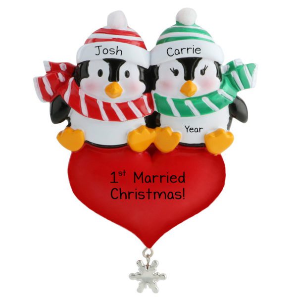 Personalized Penguin 1st Married Christmas On Heart Ornament