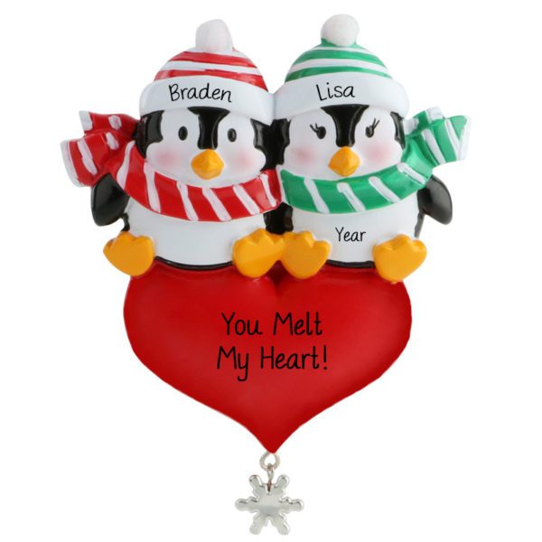 Penguin Couple On Heart With Dangling Snowflake Personalized Ornament