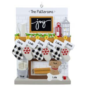 Family Of Six Festive Mantle With Stockings And Pet Personalized Ornament