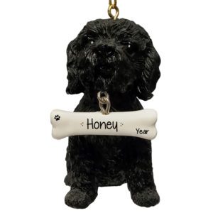 Personalized BLACK Toy Poodle Statue With Dangling Bone Ornament