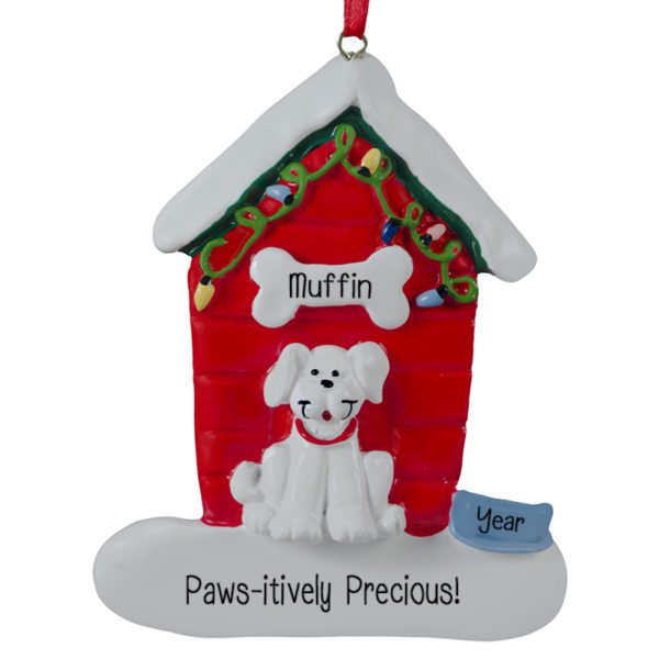 Personalized WHITE Dog In Festive Red Dog House Ornament