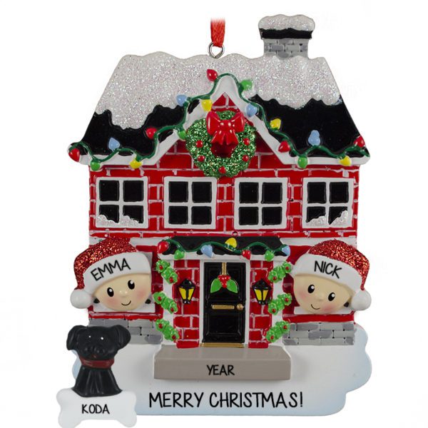 Personalized Couple In Brick House With Dog Ornament