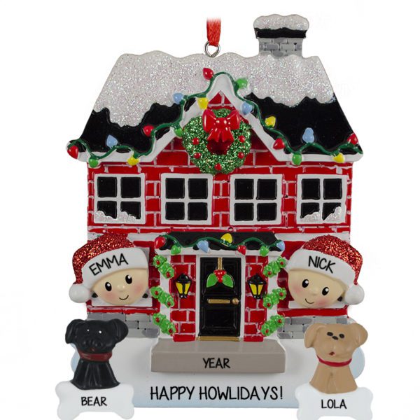 Personalized Couple In Brick House With 2 Pets Ornament