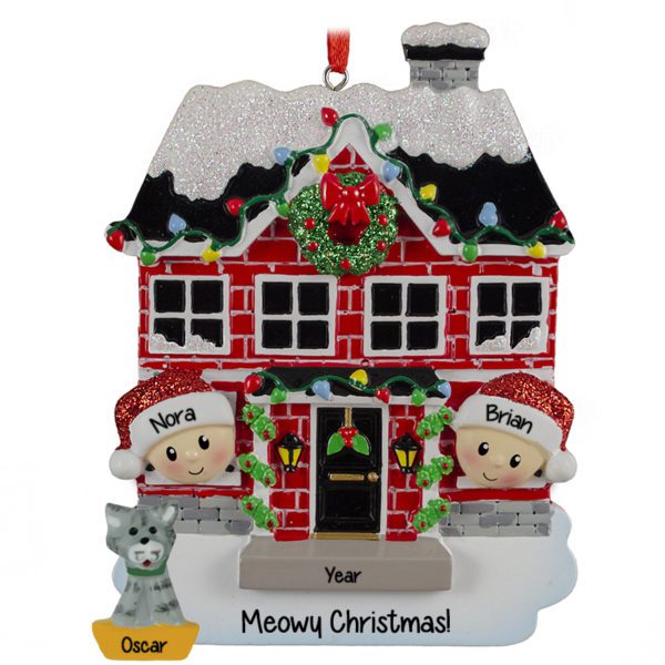Personalized Couple In Brick House With Cat Ornament