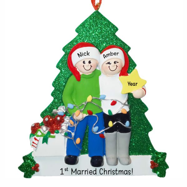 Couple Holding STAR 1st Married Christmas Glittered Tree Ornament