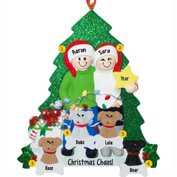 Personalized Couple Holding STAR With 4 Pets Glittered Tree Ornament