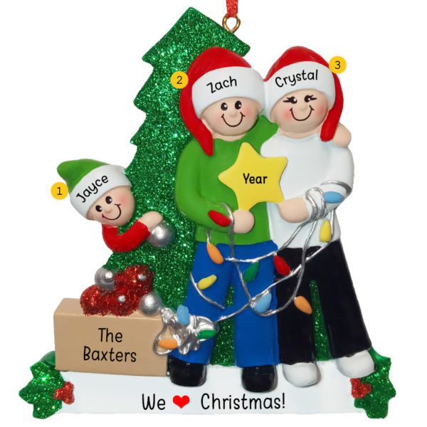 Family Of 3 Holding STAR Glittered Tree Personalized Ornament