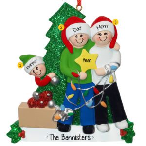 Personalized Family Of 3 Holding STAR Glittered Tree Ornament