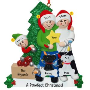 Family Of 3 Holding STAR With 2 Pets Glittered Tree Ornament