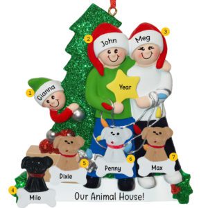 Family Of 3 Holding STAR With 4 Pets Glittered Tree Ornament