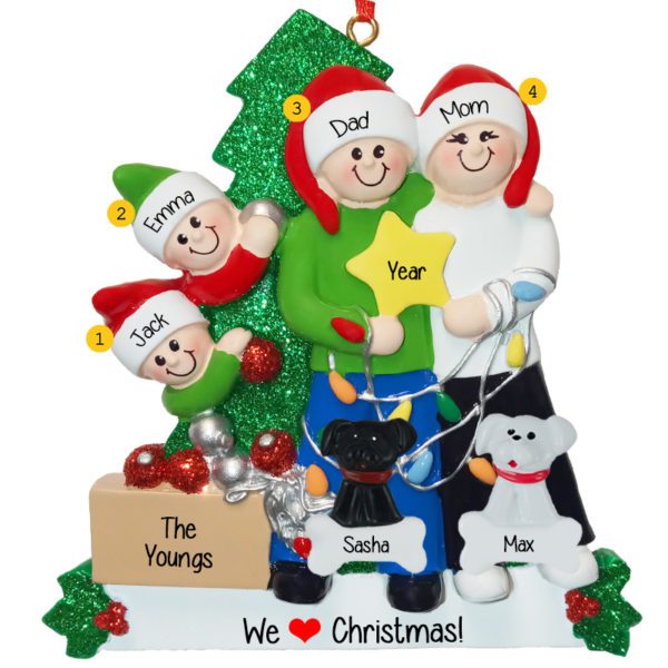 Family Of 4 Holding STAR With 2 Pets Glittered Tree Ornament