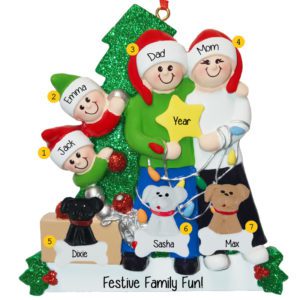Family Of 4 Holding STAR With 3 Pets Glittered Tree Ornament