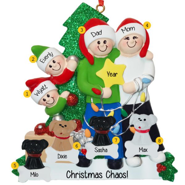 Family Of 4 Holding STAR With 4 Pets Glittered Tree Ornament