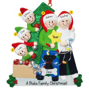 Family Of 5 Holding STAR With Pet Glittered Tree Ornament
