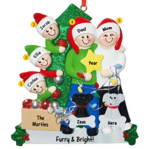 Image of Family Of 5 Holding STAR With 2 Pets Glittered Tree Ornament