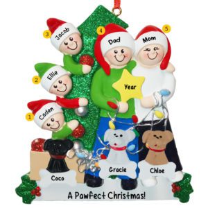 Family Of 5 Holding STAR With 3 Pets Glittered Tree Ornament