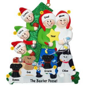 Family Of 5 Holding STAR With 4 Pets Glittered Tree Ornament