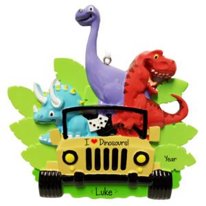 Personalized I Love Dinosaurs Yellow Jeep Ornament