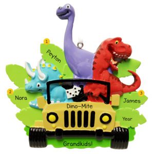 Personalized Three Dino-Mite Grandkids Yellow Jeep Ornament