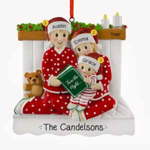 Personalized Family Of 3 Wearing Glittered Caps In Bed Ornament