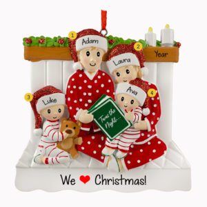 Family Of 4 Reading Book On Bed Wearing Glittered Caps Ornament