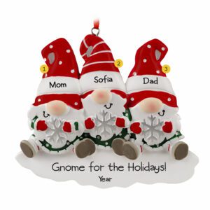 Personalized Family Of Three Gnomes Holding Snowflakes Ornament