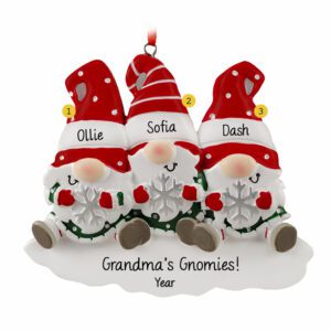 Personalized Three Grandkid Gnomes Holding Snowflakes Ornament