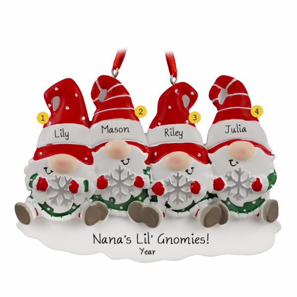 Personalized Four Grandkid Gnomes Holding Snowflakes Ornament